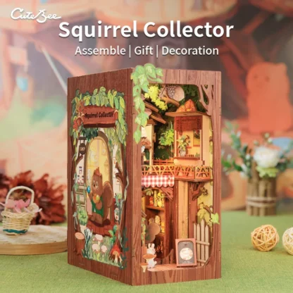 CUTEBEE DIY Book Nook Miniature Wooden Dollhouse with Light Dust Cover Bookshelf Insert 3D Puzzle Decor Gift Squirrel Collector