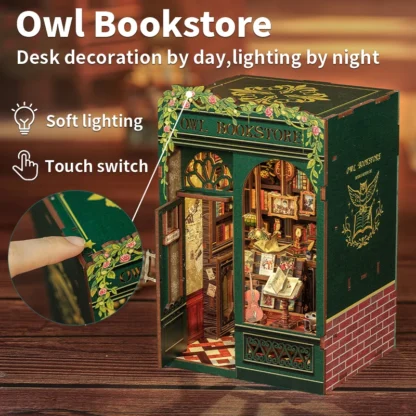 CUTEBEE DIY Book Nook Miniature Wooden Dollhouse with Lights Bookshelf Insert Kit 3D Bookend Decor Toys for Gifts Owl Bookstore - Image 2