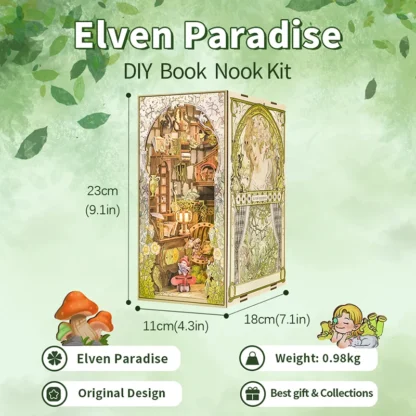 CUTEBEE DIY Gifts Ideas Book Nook Kit Crafts Wooden Doll House Touch Light Elven Paradise Diorama Bookshelf Insert Decor Model - Image 5