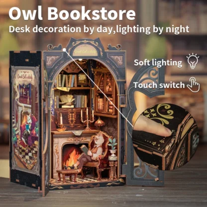 CUTEBEE DIY Book Nook Miniature Wooden Dollhouse with Lights Bookshelf Insert 3D Puzzle Decor Model for Gifts Count Cat's Study - Image 2