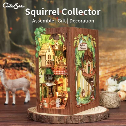 CUTEBEE DIY Book Nook Kit Wooden Dollhouse 3D Puzzle with Light Cartoon Style Bookshelf Insert Decor Gift Squirrel Collector