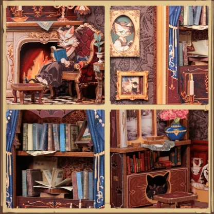 CUTEBEE DIY Book Nook Miniature Wooden Dollhouse with Lights Bookshelf Insert 3D Puzzle Decor Model for Gifts Count Cat's Study - Image 6