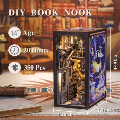 CUTEBEE Wooden Book Nook Shelf Insert Kit Miniature Building Kits Magic Night Alley Bookshelf with Dust Cover Bookends Gifts - Image 3