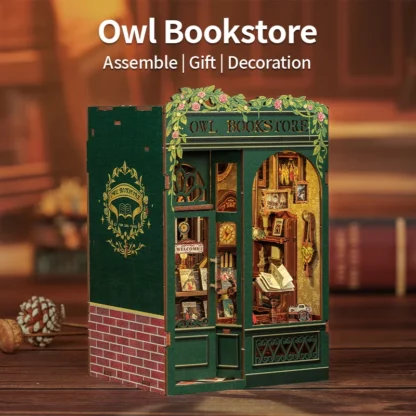 CUTEBEE DIY Book Nook Miniature Wooden Dollhouse with Lights Bookshelf Insert Kit 3D Bookend Decor Toys for Gifts Owl Bookstore