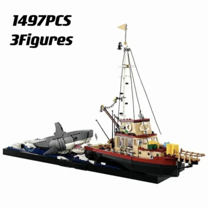 Jaw Diorama White Shark Model Building Blocks Set Pirate Ship Sea Fisher Fishing Boat Vessel Toys for Kid Gift