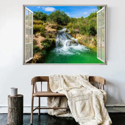 3D Window Waterfall Mountain Forest Tree Landscape Poster Picture Beach  Sea View Canvas Painting Print Wall Art Room Home Decor 3