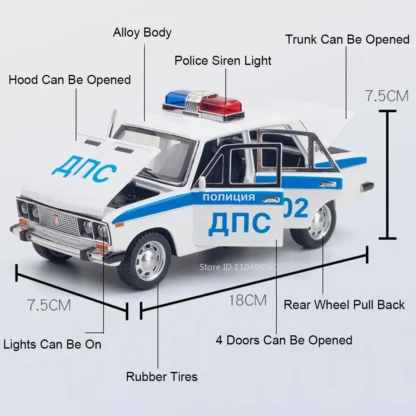 1:24 Lada Police Car Model Toys Alloy Diecast Mini Cars 6 Doors Opened Pull Back Sound Light Ornament Vehicles Children Presents 2