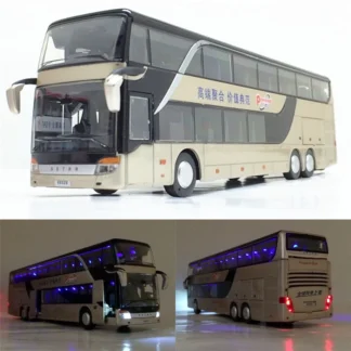 1:32 High Quality Alloy Double Deck Bus Sound Light Metal Diecast Pull Back Simulation Luxury Sightseeing Bus Vehicle Kids Toys 1