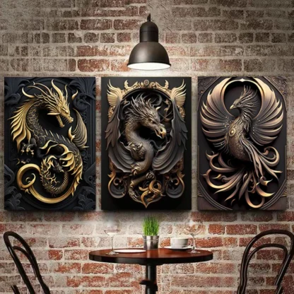 Powerful Lion Gold Dragon Posters and Prints 3D Effect Canvas Print Wall Art Painting For Living Room Home Decoration Pictures 3