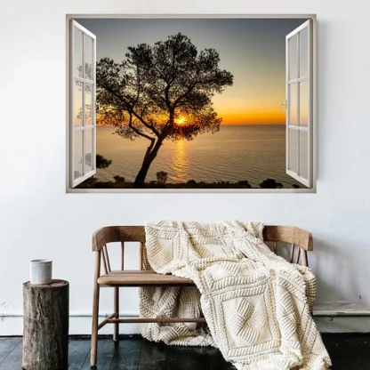 3D Window Waterfall Mountain Forest Tree Landscape Poster Picture Beach  Sea View Canvas Painting Print Wall Art Room Home Decor 2