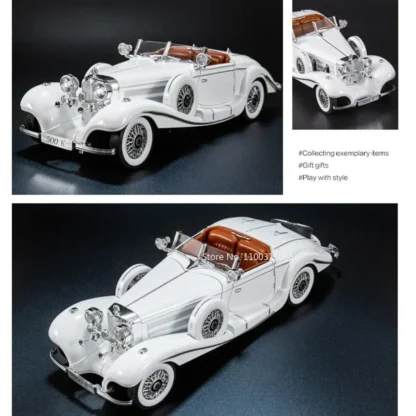 1:18 Benz 500K Toy Cars Alloy Diecast Model Wheel Steering Miniature Vintage Car Rubber Tires Light Sound Vehicle Boy Xmas Gifts 6