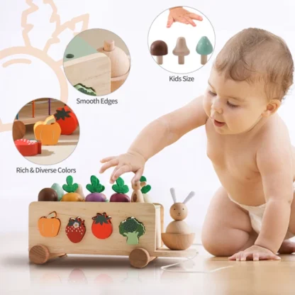 Wooden Turnip Car Stretch Rope Hand-pulled Car Baby Carrot Pulling Toy Shape Matching Toy Parent-child Education Montessori Toys - Image 4