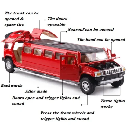 1:32 Alloy Lengthen Hummer Limousine Car Model Metal Diecasts Vehicles With Sound Light Pull Back Car Collection Toys Kids Gifts - Image 6