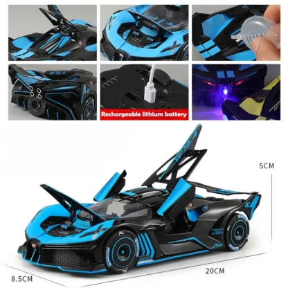 Spray 1/24 Bugatti Bolide Supercar Alloy Model Sound Light Diecast Toy Vehicle Boy Car Toy Gift Collectable Miniature Home Decor - Image 5