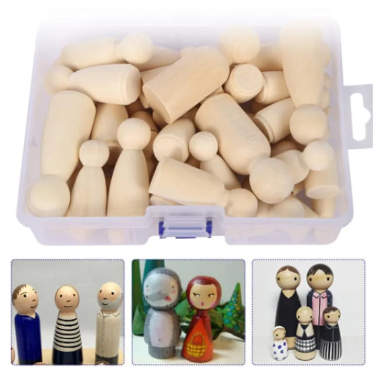 50 DIY Wooden Peg Dolls Family Kit - Unfinished Blank Peg People to Paint and Customize - Arts and Crafts Supplies