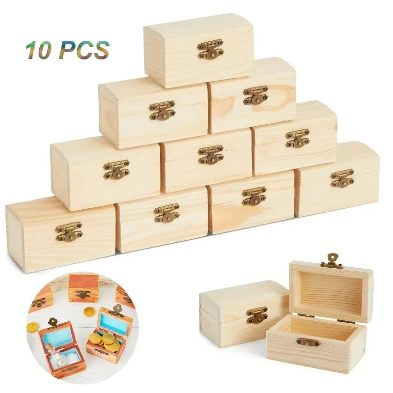 10 Pieces Small Wooden Box Unfinished Paintable Treasure Boxes with Lid for DIY Arts & Crafts Halloween Pirate Birthday Party