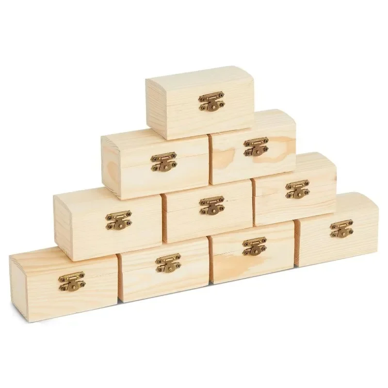 10 Pieces Small Wooden Box Unfinished Paintable Treasure Boxes with Lid for DIY Arts & Crafts Halloween Pirate Birthday Party