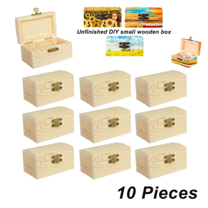 10 Pieces Small Wooden Box Unfinished Paintable Treasure Boxes with Lid for DIY Arts & Crafts Halloween Pirate Birthday Party