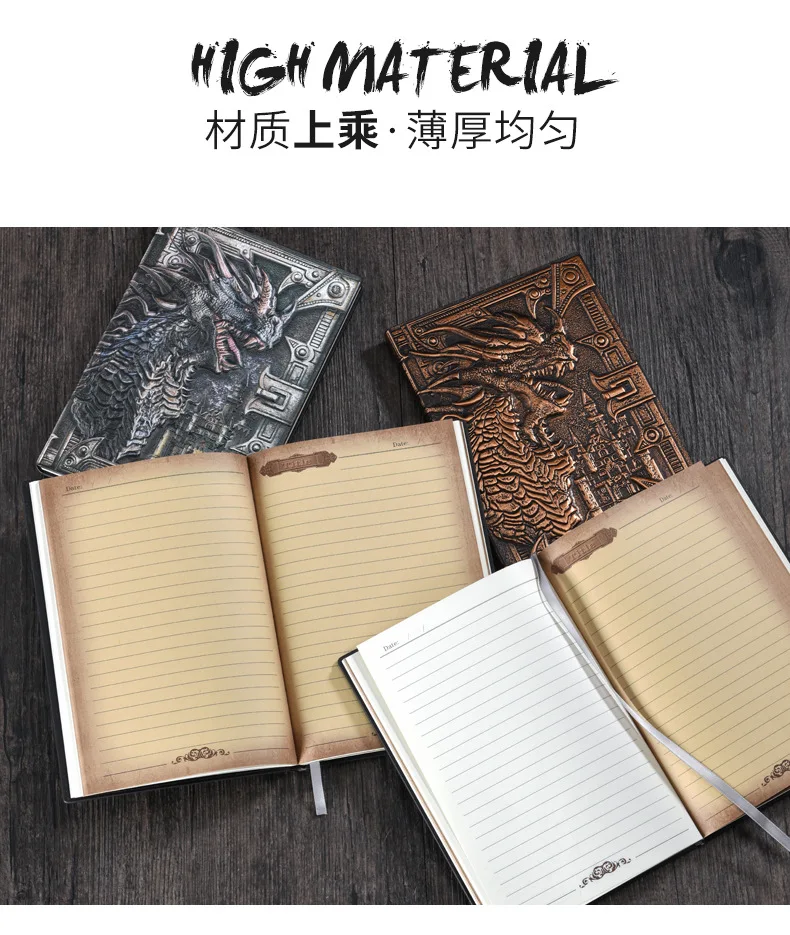 A5 Notebook,Dragon Embossed Retro Hardcover Leather Cover,100 Sheets/Book,Horizontal Line Inside Office Learning Diary QP-04