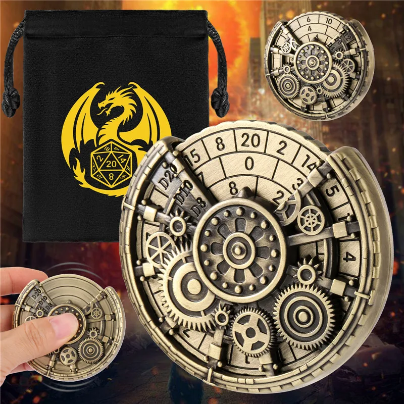 Steampunk Gear Design Metal Dice Spinner 7-in-1 Dice Turnable Rotating Roller for Role Play Gaming Accessory Wedding Gift Bag