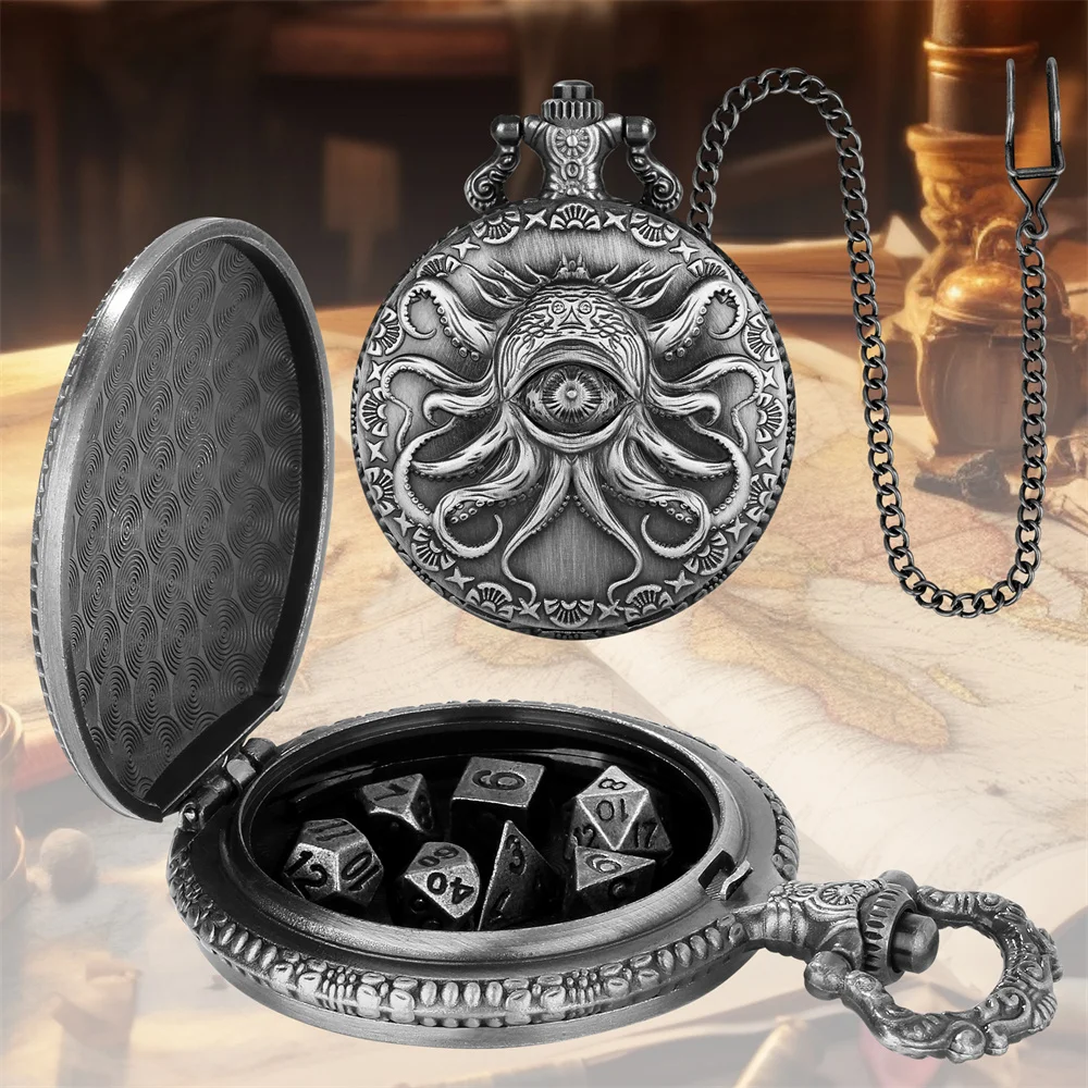 Novel Retro Pocket Watch Case with 7pcs/Set Mini Metal Dices Pendant Pocket Chain Entertainment Antique Style Gift for Men