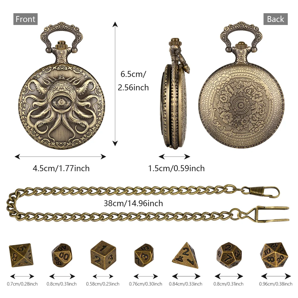 Novel Retro Pocket Watch Case with 7pcs/Set Mini Metal Dices Pendant Pocket Chain Entertainment Antique Style Gift for Men