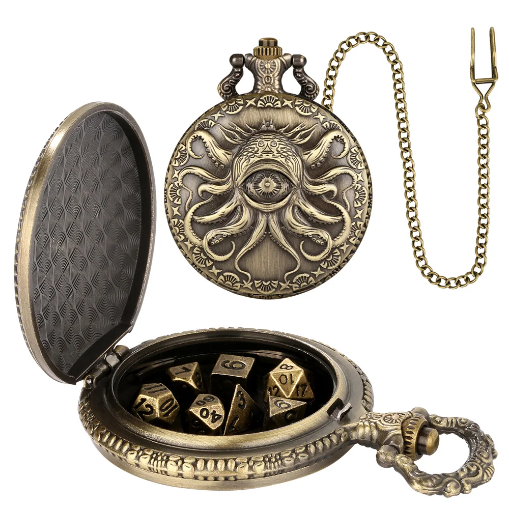 Novel Retro Pocket Watch Case with 7pcs/Set Mini Metal Dices Pendant Pocket Chain Entertainment Antique Style Gift for Men