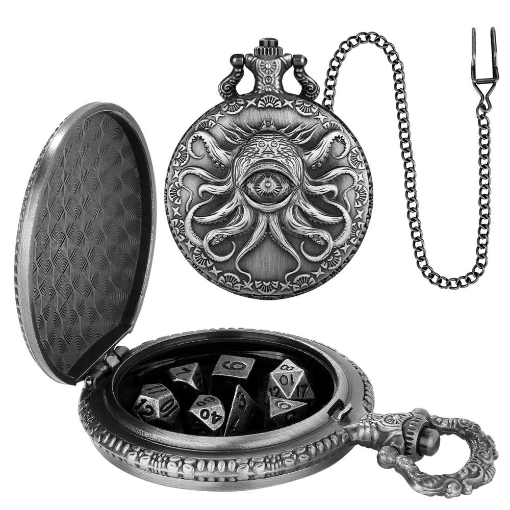 Novel Retro Pocket Watch Case with 7pcs/Set Mini Metal Dices Pendant Pocket Chain Entertainment Antique Style Gift for Men