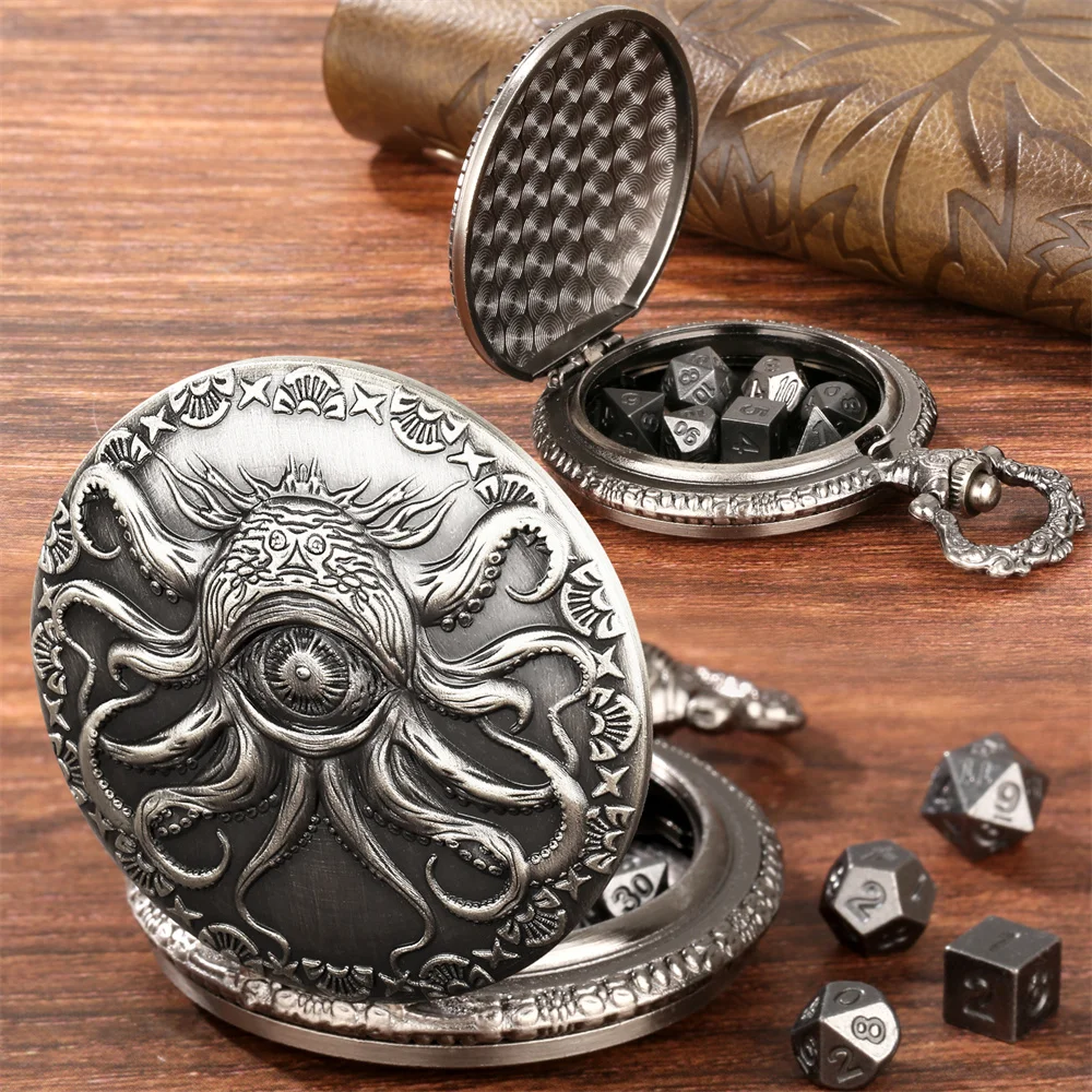 Novel Retro Pocket Watch Case with 7pcs/Set Mini Metal Dices Pendant Pocket Chain Entertainment Antique Style Gift for Men