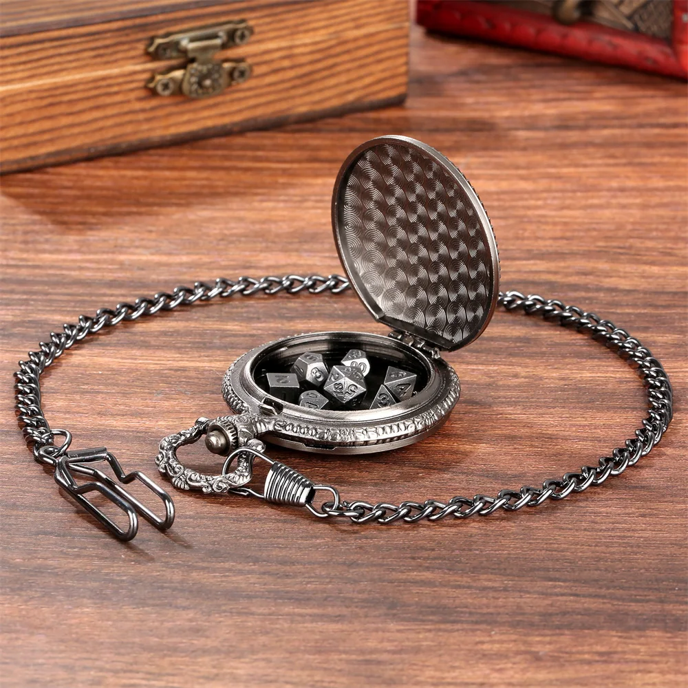 Novel Retro Pocket Watch Case with 7pcs/Set Mini Metal Dices Pendant Pocket Chain Entertainment Antique Style Gift for Men