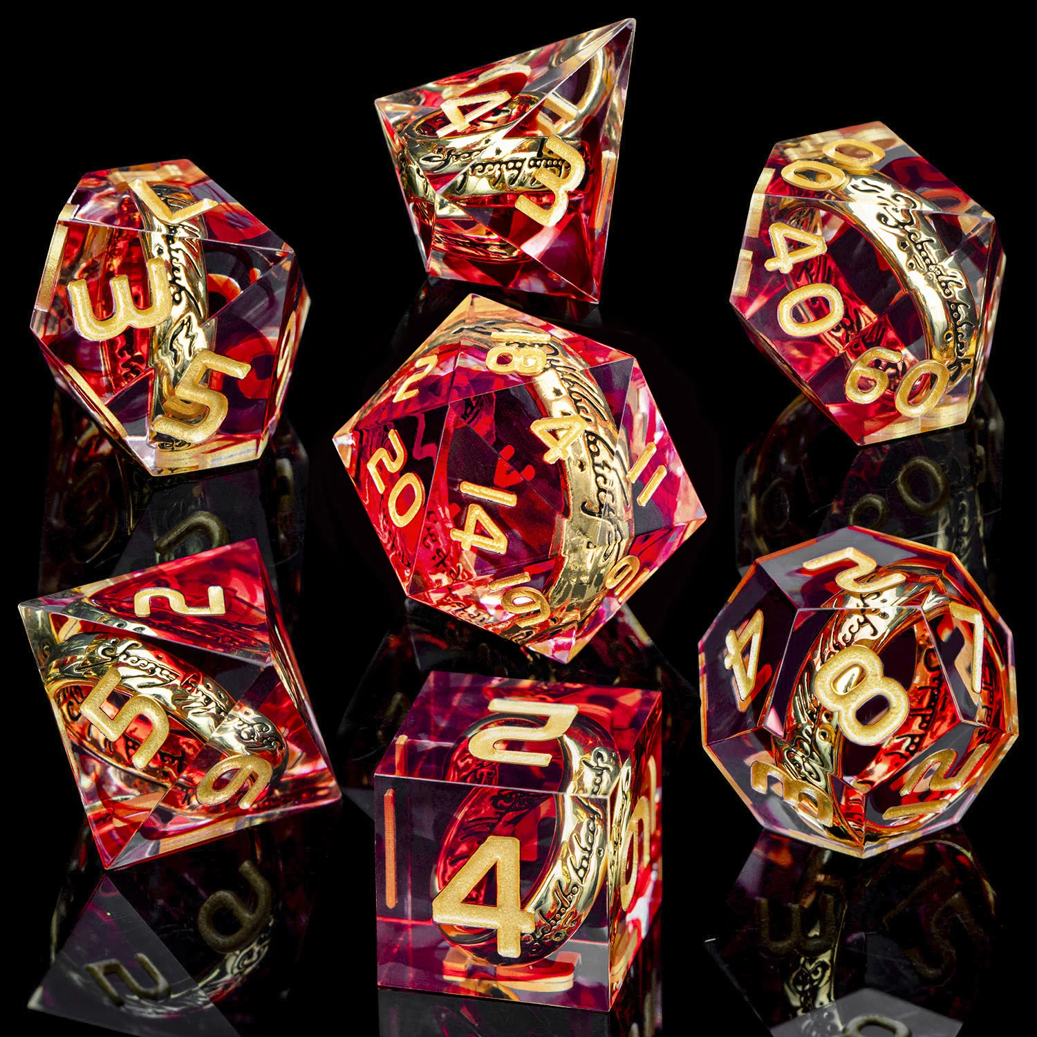 ORIFANTOU DND Red Rings & Liquid Flow Eye Sharp Edge Resin Dice Set D&D Dungeon and Dragon Handmade D20 D and D Polyhedral Dice