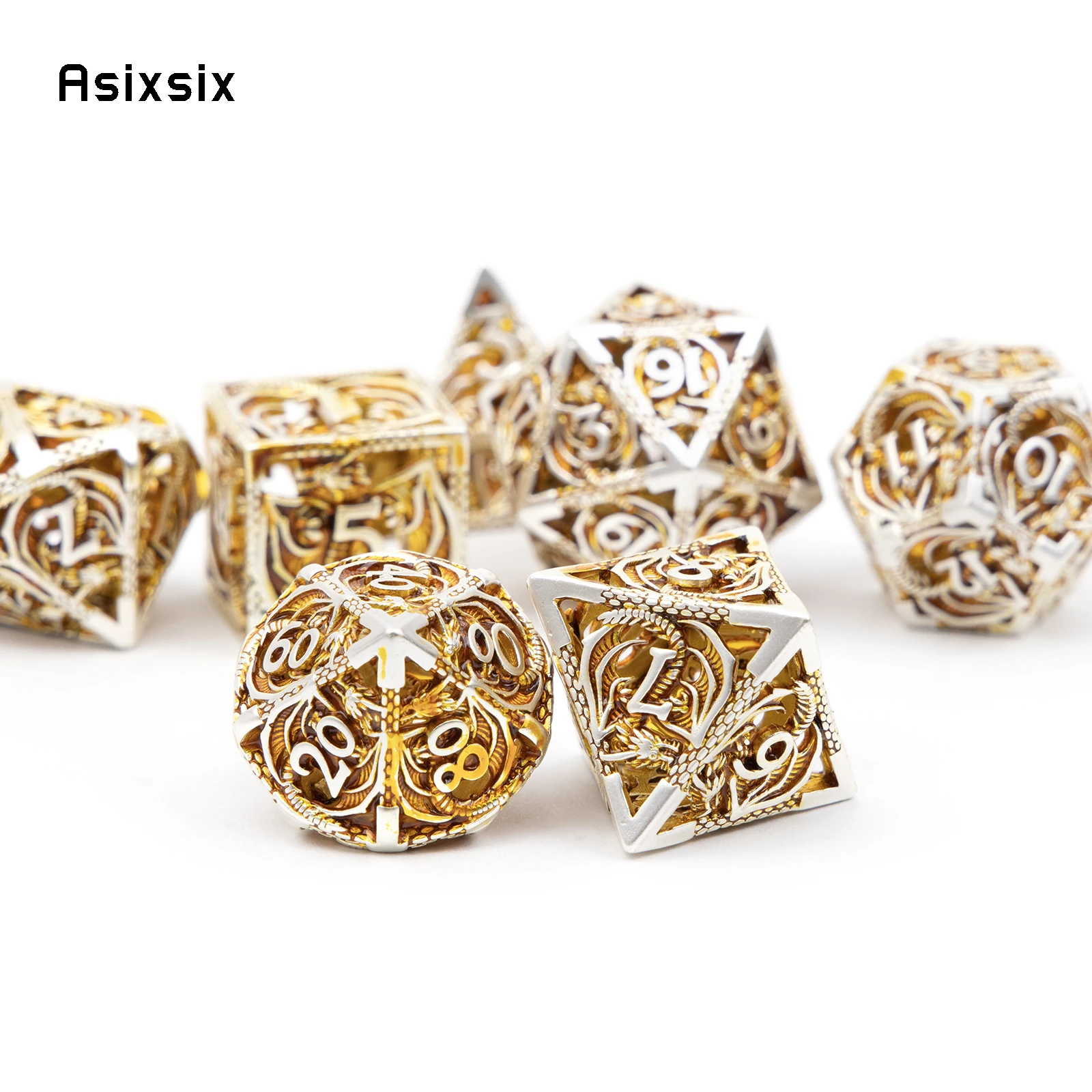 7 Pcs Golden White Dragon Metal Dice Dragon Hollow Metal Polyhedral Dice Set Suitable for Role-Playing RPG Board Game Card Game