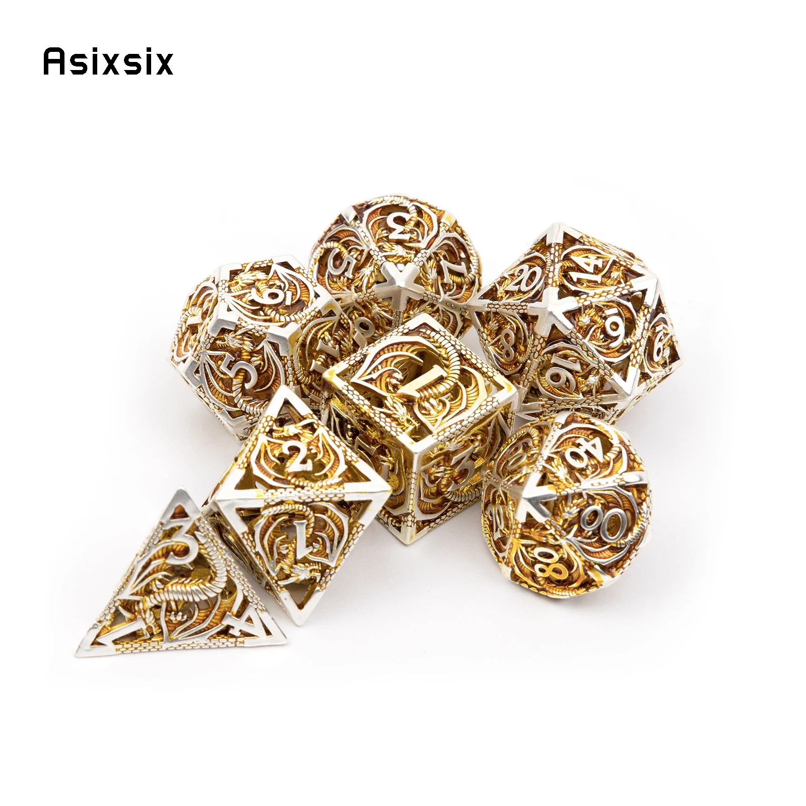 7 Pcs Golden White Dragon Metal Dice Dragon Hollow Metal Polyhedral Dice Set Suitable for Role-Playing RPG Board Game Card Game