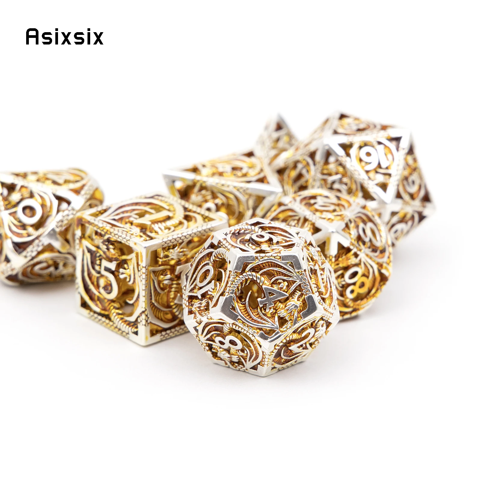 7 Pcs Golden White Dragon Metal Dice Dragon Hollow Metal Polyhedral Dice Set Suitable for Role-Playing RPG Board Game Card Game