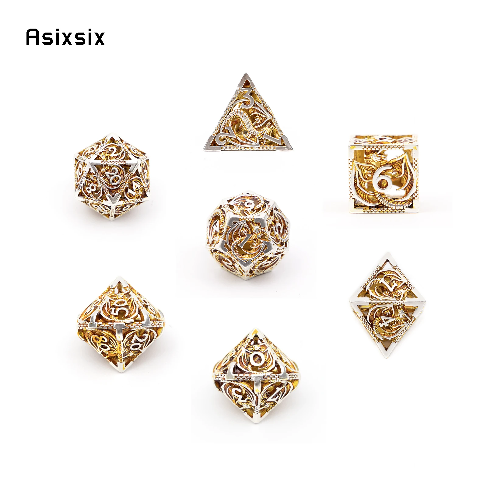 7 Pcs Golden White Dragon Metal Dice Dragon Hollow Metal Polyhedral Dice Set Suitable for Role-Playing RPG Board Game Card Game