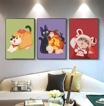 Cat Portrait Wall Art Canvas Painting Cartoon Watercolor Fashion Dressing Modern Poster and Print Pictures Kids Room Decor Gifts - Image 2