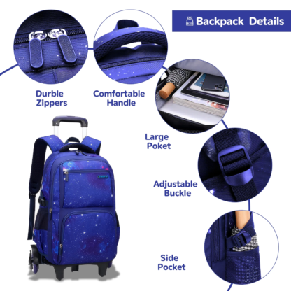 School Bag With Wheels Rolling Backpack for Boy Wheeled School Bag 6 Wheels Trolley Bookbag Carry on Luggage with Lunch Bag - Image 5