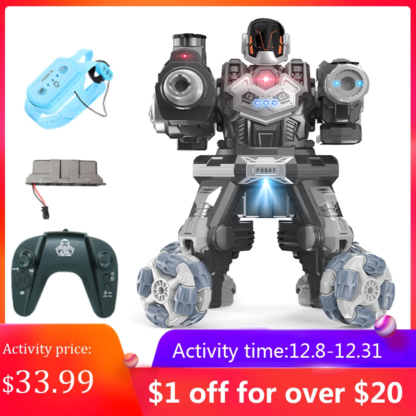 Robot Toy 2.4G Remote Control Robot 4 Wheel Drive Water Bomb Spray Robot Toy with Lights Music 2 Remote Control for Kids Boys